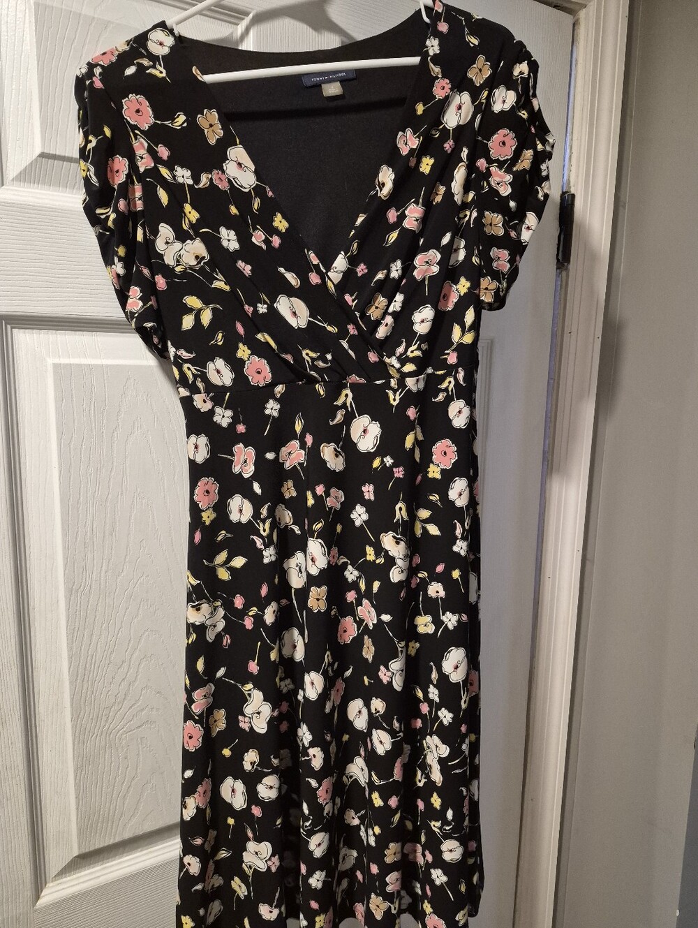 Tommy Hilfiger Black Floral Wrap Midi Dress with Pink & Cream Blooms